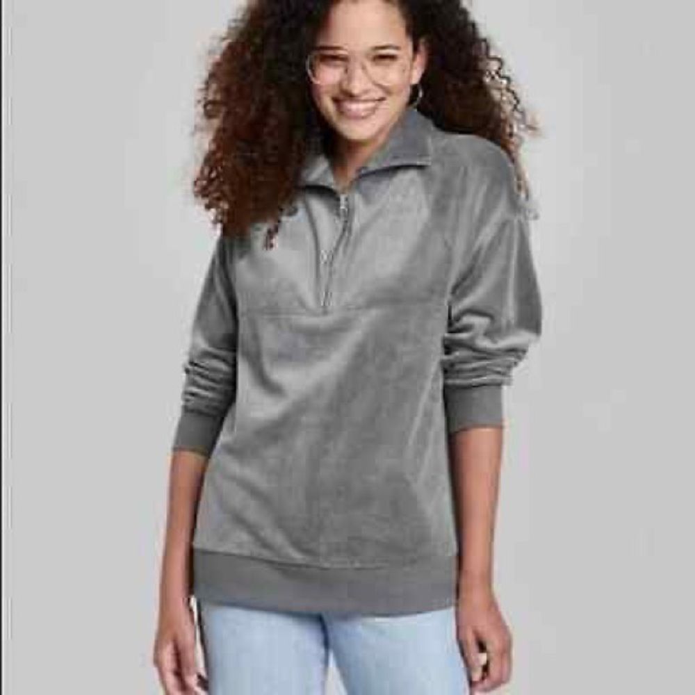 Wild Fable 🏷NWT Women's XXL Silver Gray Quarter Zip Velour Pullover Sweatshirt
